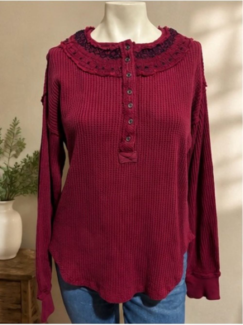 Free People We The Free Burgundy Embroidered Waffle Henley Top XS